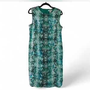 Retro 90’s Office Siren Liz Claiborne Teal Snake-Print Midi Sheath Dress size 14